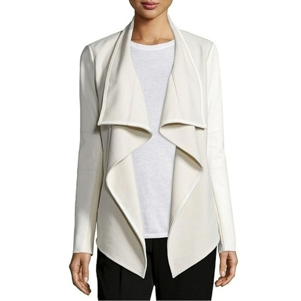 Vince Ivory White Leather Trim Wool Blend Drape Open Front Jacket